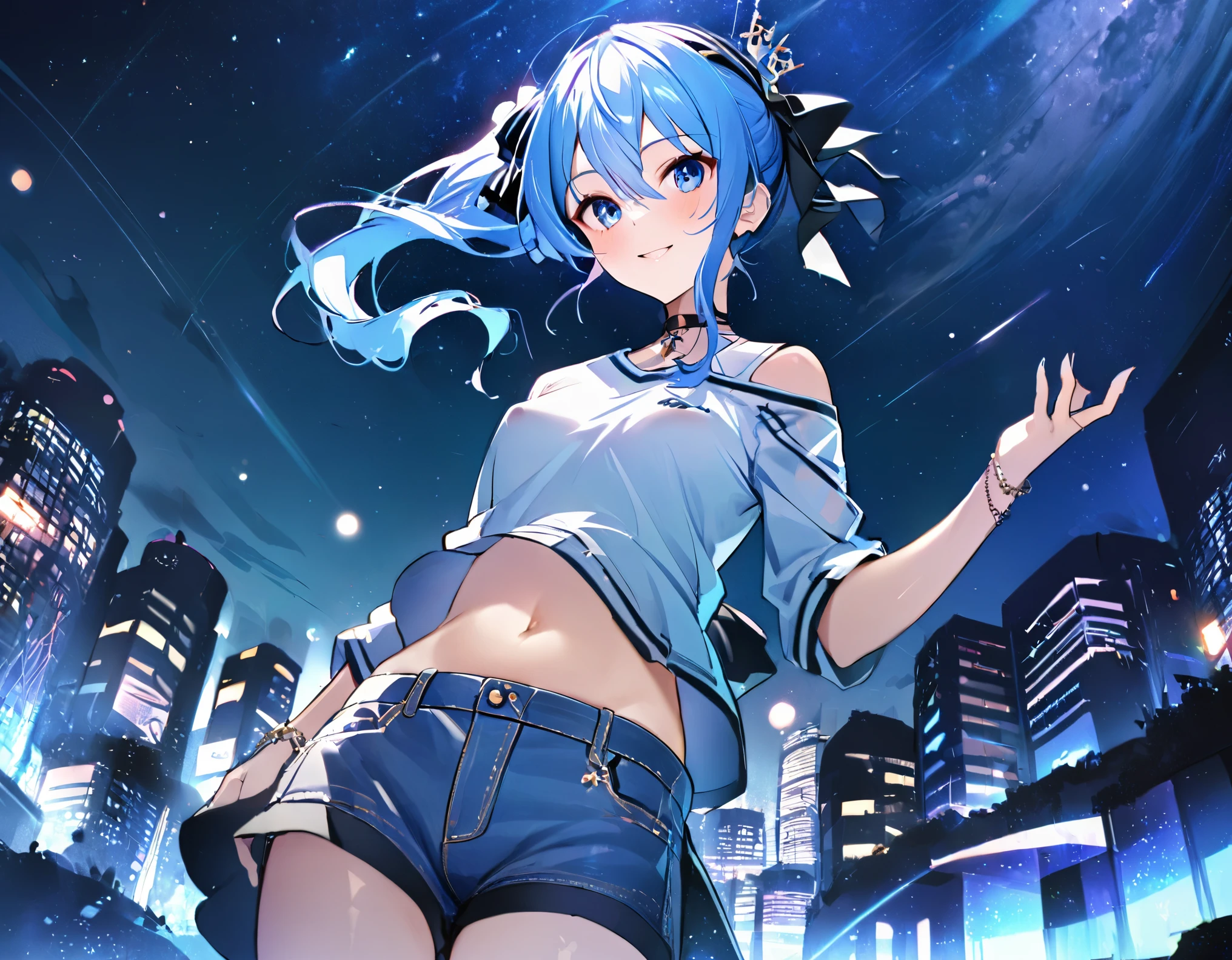 (8k、Best image quality、highest quality、masterpiece)、Detailed face、 1girl、Blue Hair、Long Hair、sideponytail、dark_blue_eyes、smile,(glimps_ of_ navel:0.6),Moderate_torso、small_breasts,((White T-shirt))、Off the shoulder、Black shoulder straps、(open_front_denim_short_shorts:1.2)、Cowboy Shot、Shoot from below、City Background, starry_sky_landscape ,hoshimachi suisei, slender,(covered_nipples:0.3), (belly button:1.2),nihil,solo,stargaze,girl_looking_up_sky,(abs:0.6),