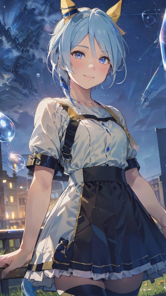 masterpiece, Highest quality, High resolution, Very detailed,(((KIES Miracle))), (((Horse Girl))), (((smile)))、(((Standing in the distance))), (((Soap bubble))), (((night))), (((Starry Sky))), (((One girl))), (((solo))), , (((short hair))), (((Blue Hair))), (((horse ear))), (((Horse tail))), (((blue eyes)))