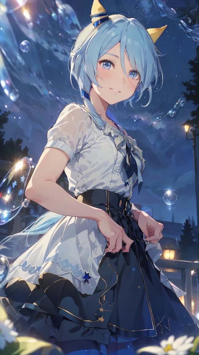 masterpiece, Highest quality, High resolution, Very detailed,(((KIES Miracle))), (((Horse Girl))), (((smile)))、(((Standing in the distance))), (((Soap bubble))), (((night))), (((Starry Sky))), (((One girl))), (((solo))), , (((short hair))), (((Blue Hair))), (((horse ear))), (((Horse tail))), (((blue eyes)))