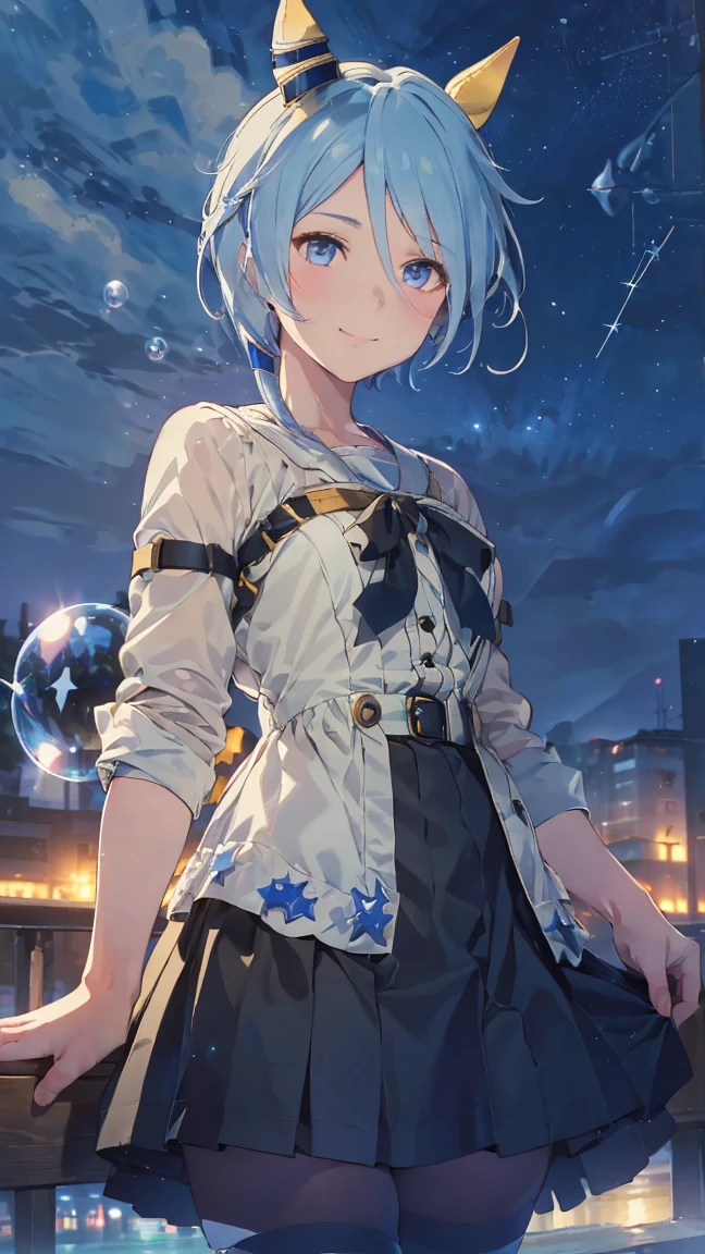 masterpiece, Highest quality, High resolution, Very detailed,(((KIES Miracle))), (((Horse Girl))), (((smile)))、(((Standing in the distance))), (((Soap bubble))), (((night))), (((Starry Sky))), (((One girl))), (((solo))), , (((short hair))), (((Blue Hair))), (((horse ear))), (((Horse tail))), (((blue eyes)))