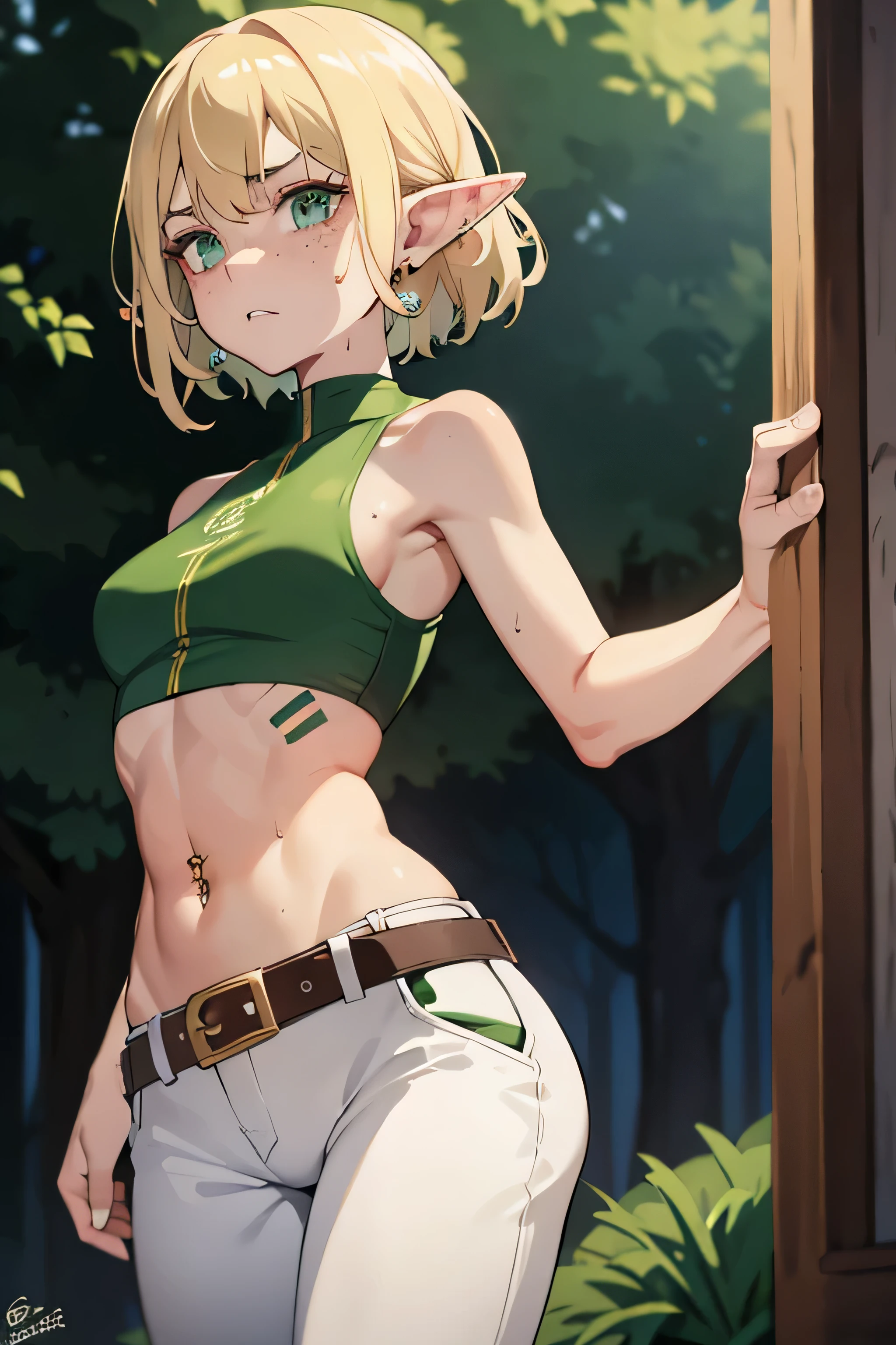 ((Masterpiece)), (Anime:1.3), ((best quality)), (super detail:1.2), (High Definition:1.3), (Professional Photography:1.2), (12 years old), (1girl), cute young girl, profile, (Smug), open mouth, (Beautiful purple eyes:1.3), (Glossy skin), ((elf girl)), (undress skirt), bikini top, (small chest), slim body, (loose blunt bangs), unruly hair, (medium hair), ((beautiful blond hair)), (put on fedora), BREAK, ((best quality)), (model pose), (on the tropical giant greenhouse), (sharp focus), (perfect light),
