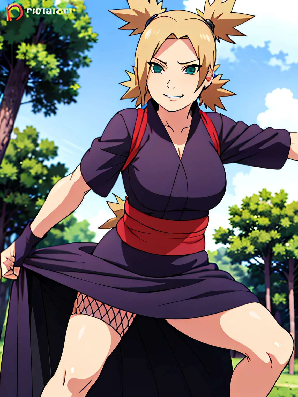 1 woman, ytemari, blonde hair, quad tails, blue eyes, fishnet,black clothes,black yukata, sash, line art, laugh, front view, stand,Adjust the skirt, cool colors, Masterpiece, best quality, high definition,Facing straight ,spread your legs,In the forest,smile,Look with arrogant eyes,moderate ,Beautiful ,Grab the shirt,voluptuous,walk,In the village