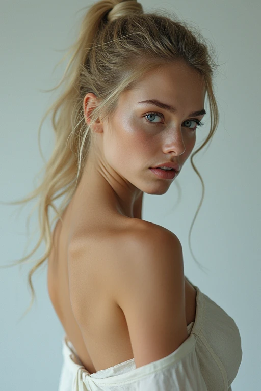 (photorealism:1.2), femme blonde, 20 ans, 1m65, yeux bleu, poitrine bonnet E, taille et hanche fine, type européenne, cheveux en chignon, nue les jambes écartés