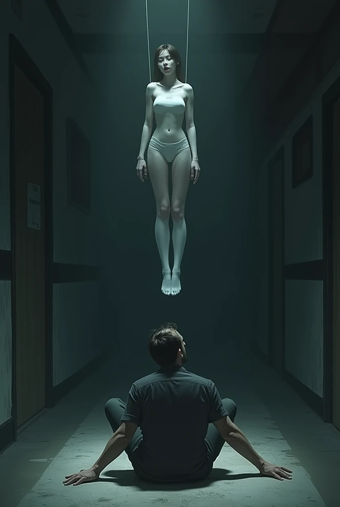 Scene of female student wearing white thigh high socks hanging herself to death ,hovering in the air , a man sitting on the ground in panic