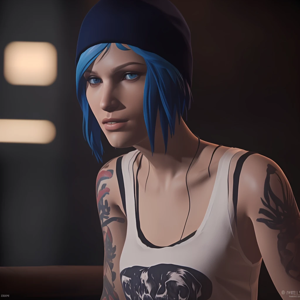 Best_QualityPos, RAW photo, intricate details, best quality, 8k uhd, soft lighting, 1girl, solo, chloe price, blue hair, blue eyes, arm tattoo, short hair, hat, white tank top 