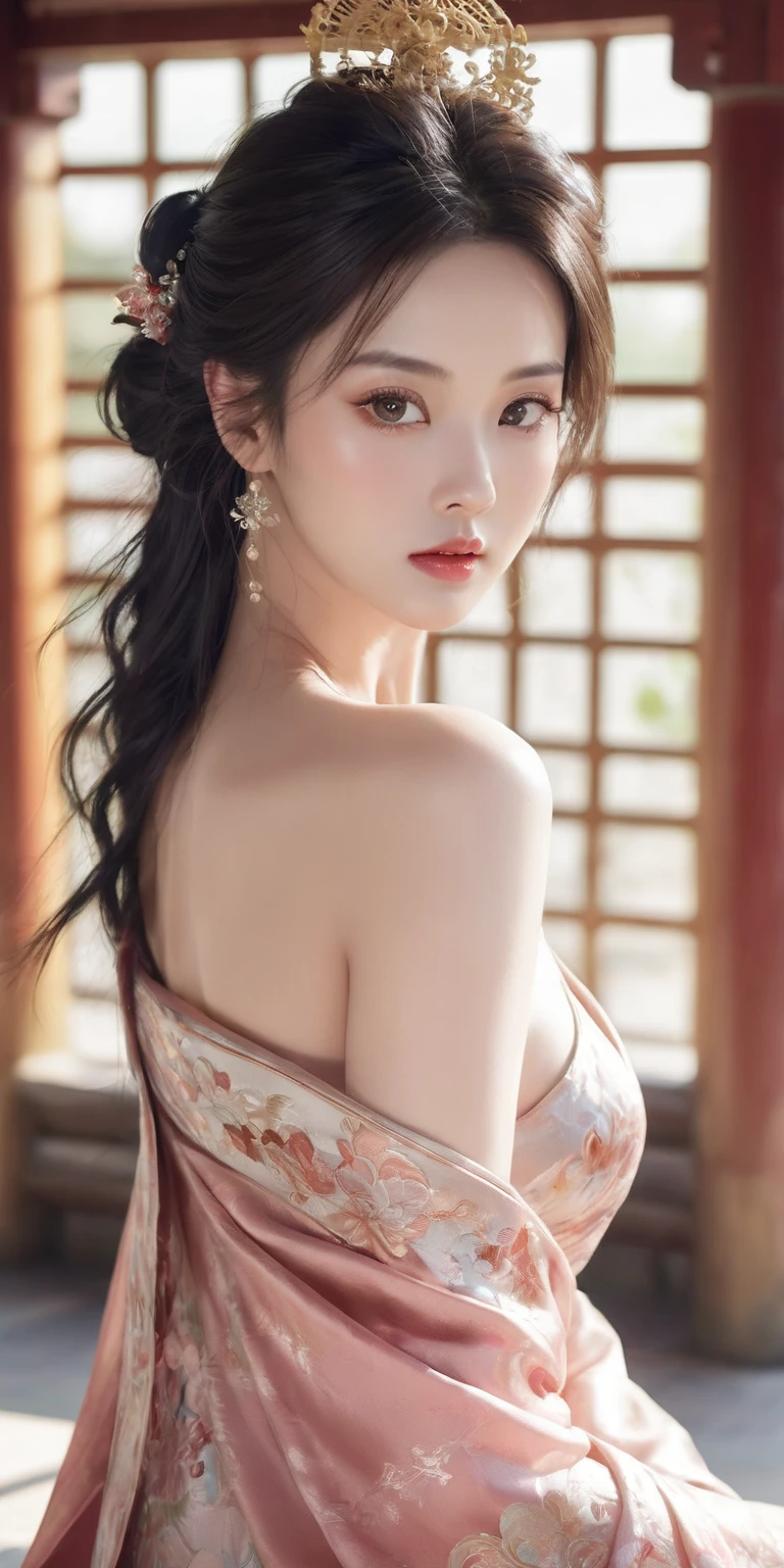 The art depicts a charming woman dressed in a flowing, silky traditional oriental dress, pink, decorated with intricate patterns and bright colors. Her dress drapes elegantly over her curvy figure, accentuating her seductive silhouette. She sits gracefully under the quiet moon, bathed in the soft glow of the moonlight. The scene exudes an ethereal and dreamy atmosphere, with a touch of mystery and sexiness. The graphic style blends watercolor and digital illustration techniques to evoke a refined beauty and charm. The lights are filled with soft moonlight, casting soft highlights and shadows on her charming features. Bare thighs, big breasts, three-dimensional facial features, sitting, upturned legs, side braids