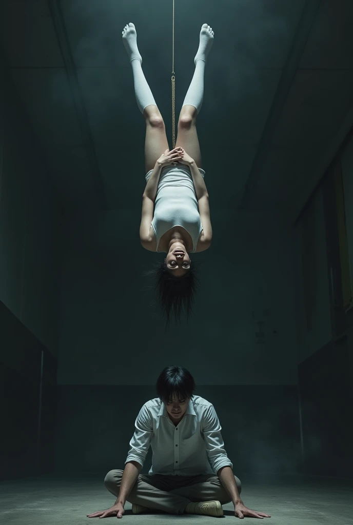 Scene of female student wearing white thigh high socks hanging herself to death ,hovering in the air , a man sitting on the ground in panic 