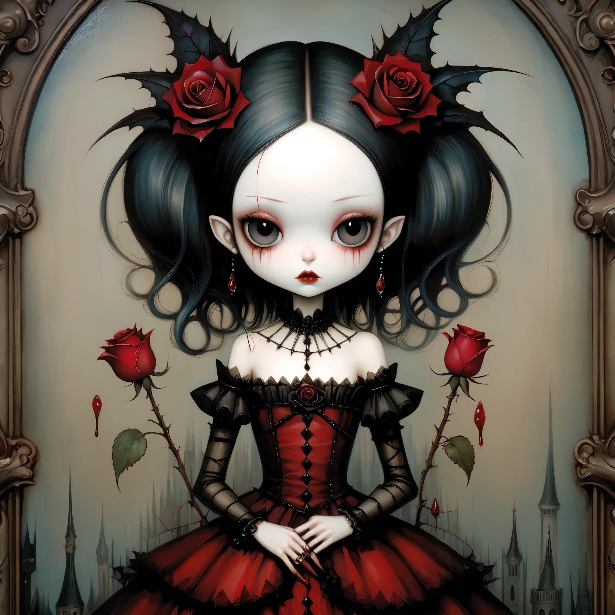 Here is a close up of a woman with a rose in her hand, done in a gothic art style reminiscent of Mark Ryden. The painting features highly detailed and intricate elements, characteristic of Mark Ryden's style. The woman has pale skin, dark hair, and is wearing a gothic attire with ornate details. The rose she is holding is deep red and contrasts beautifully against the dark background. The overall aesthetic is inspired by artists like Lori Earley, Natalie Shau, Jasmine Becket-Griffith, and Benjamin Lacombe, creating a gothic princess portrait that is both haunting and beautiful.