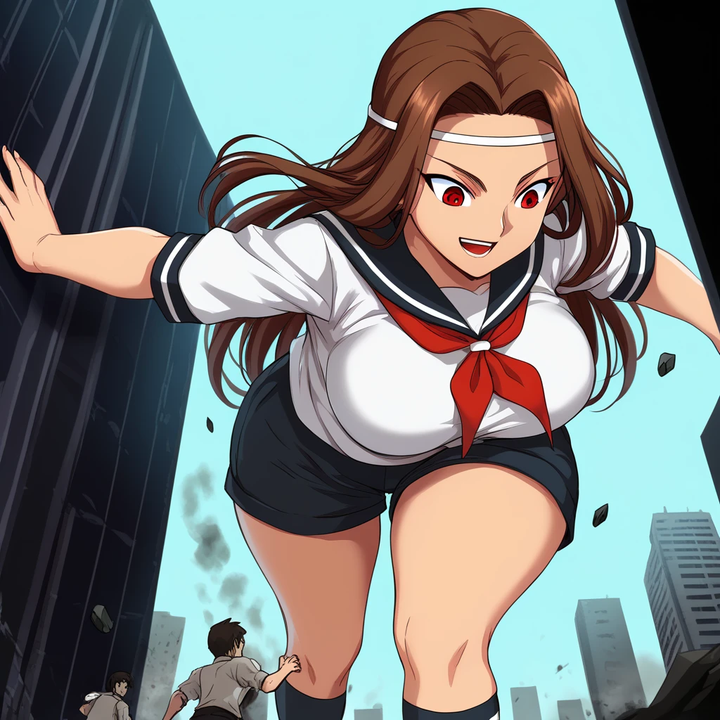 ultra-detailed, detailed face, detailed eyes, retro anime style, cartoon style, front view, from bottom, powerful shot, powerful effects, dynamic effects, dynamic shot, 

athletic curvy physique, inverted body type, attractive feminine curves, big breasts, curvy legs and arms, feminine curvy figure, (thick thighs, thick calves, thick voluptuous legs, big curvy hip, bare knees), ((style of plump voluptuous body)), 

black over-the-calf socks, navy track short, white sailor uniform, white short-sleeved sailor shirt,
brown long hair, red eyes, 

1 beautiful giant boy, looking down with evil smile, (running with destroying buildings, sprinting between buildings, leaning forward, stepping forward, put one foot forward, put one knee forward, put one leg forward, chasing small people around her feet), rampage, destroying city, destroying buildings, corrupted buildings, running with rolling rubble dust up, crushing building with his hand, crushing one small man with his foot, scattered rubble around his steps, towering, overwhelming, terrible, 

building size, nathan,1boy, kurosaki makoto, long hair, red eyes, brown hair, headband, 