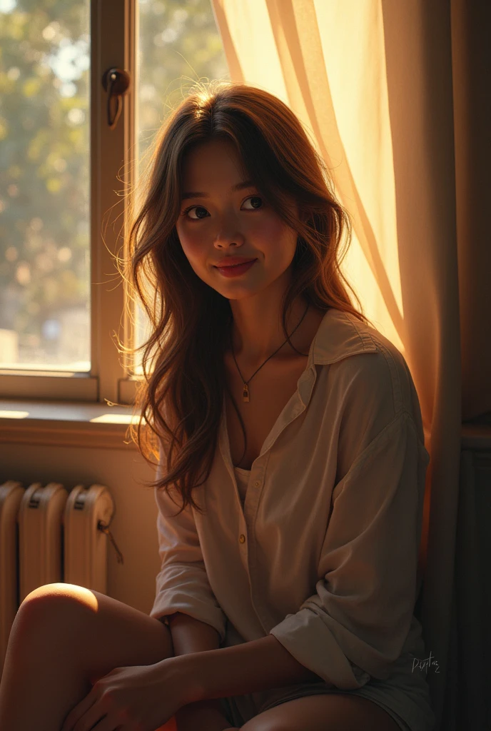 moody instagram photo, lower body photo of 32 years old woman, from below, dressed in long oversized sweater, teasing nudity, dirty fiery red hair, color gradient, bright tips of hair, sun-kissed skin, happy, cute smile, beautiful hazelnut eyes, hard shadows, dark, nighttime, overexposed filter, silhouetted against the bright light