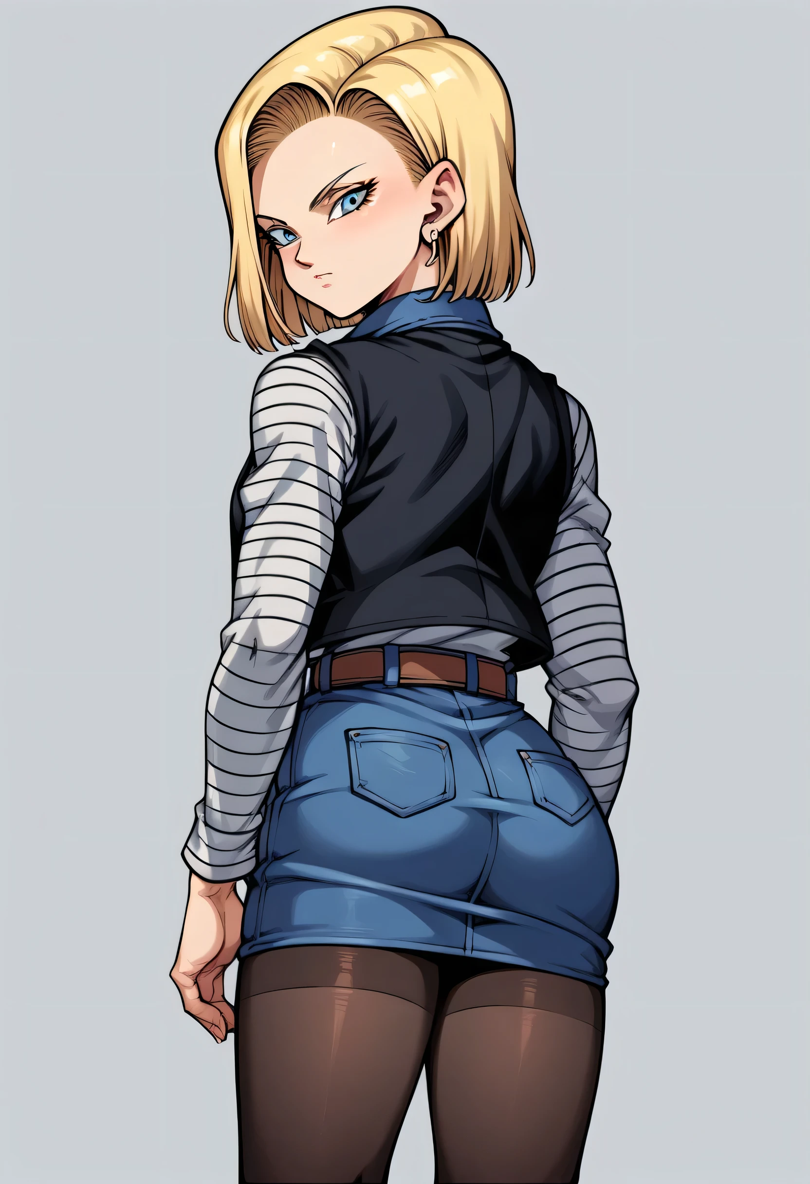 score_9, score_8_up, score_7_up, BREAK, score_9, Android18SDXL, short hair, blue eyes, skirt, blonde hair, jewelry, jacket, pantyhose, earrings, belt, vest, denim, denim skirt, android 18, 1girl, solo, looking at viewer, cowboy shot, ass, from behind, tournament