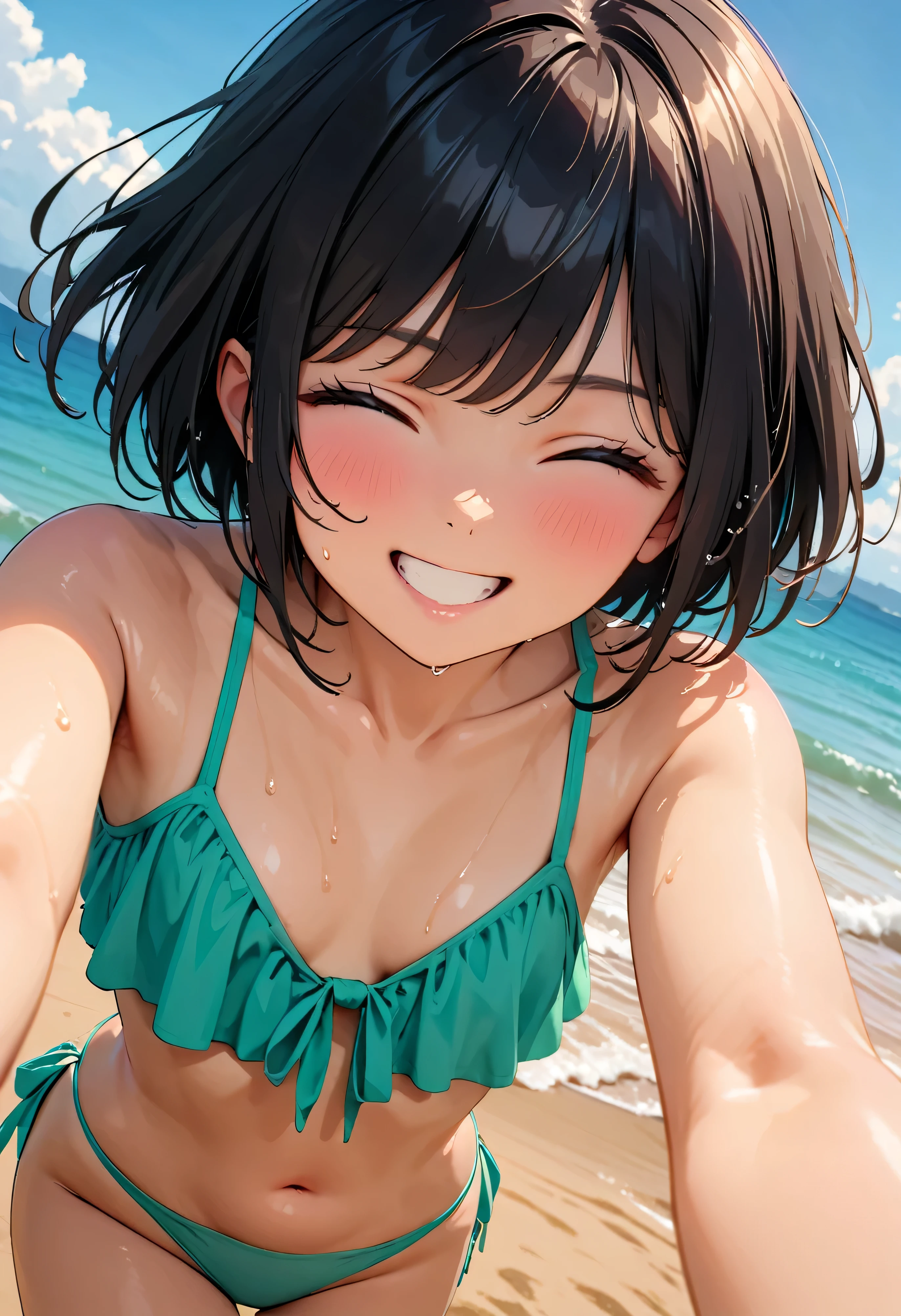 (Highest quality:1.2, Very detailed, Latest, Vibrant, masterpiece:1.2, Highest quality, Best aesthetics), smile, ((Face Up Shot:1.4)), 1980s style, 8K Ultra HD, Background Blur, smile, One Woman, Woman in bikini, Strong sunlight, Seaside, sunny, Summer sunshine, Wet Skin, Flat chest, Sandy Beach, Bobcut, low length, Dynamic Angle, very young, Get excited, Dynamic pose