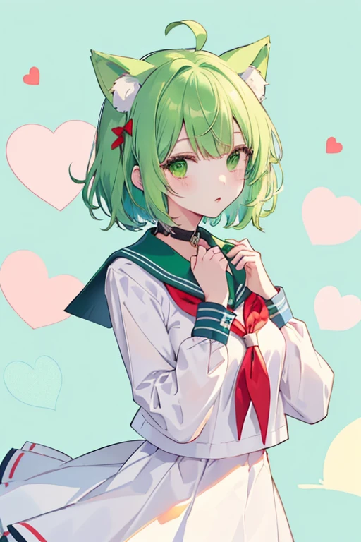 to Heart,multi,Sailor suit,Red collar,Half-taken clothes,Green Hair,Straight Hair,short hair,Small breasts,extra sleeves,Drooping eyes,Green Eyes,Robot ears,Both hands at the mouth