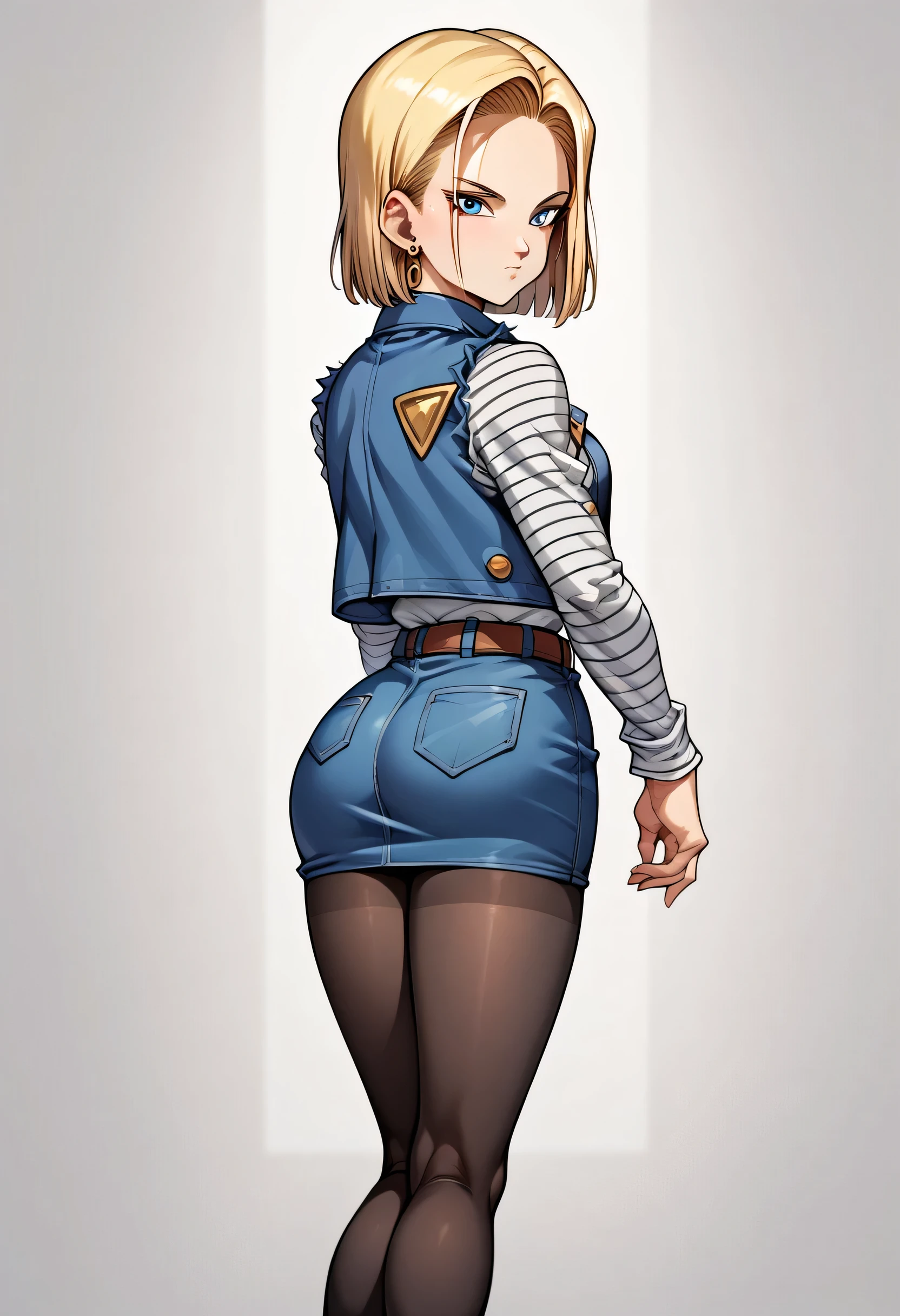 score_9, score_8_up, score_7_up, BREAK, score_9, Android18SDXL, short hair, blue eyes, skirt, blonde hair, jewelry, jacket, pantyhose, earrings, belt, vest, denim, denim skirt, android 18, 1girl, solo, looking at viewer, cowboy shot, ass, from behind, tournament