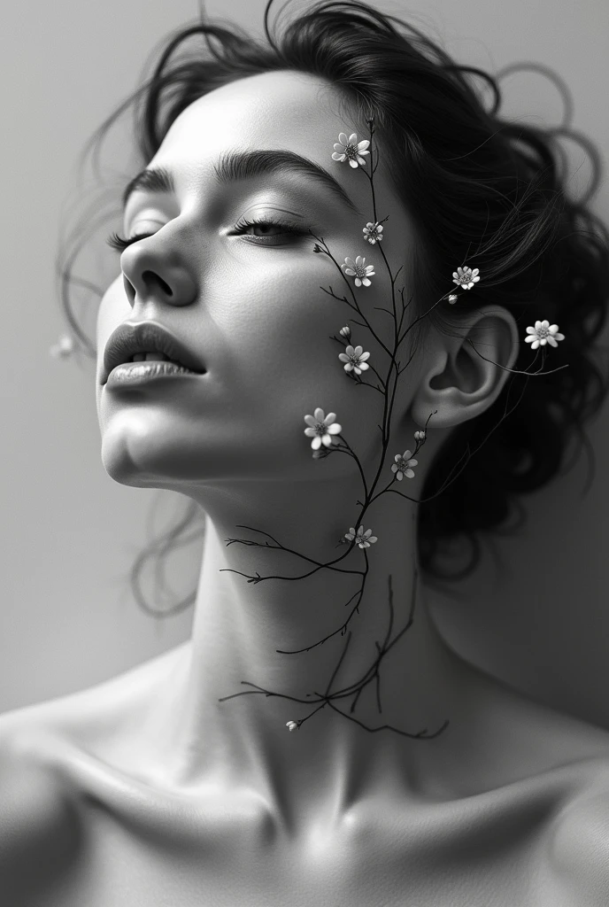 back of a woman with a flowery back, thorns surround her body, by Ivana Kobilca, inspired by Katia Chausheva, rear view, by Eugeniusz Zak, back and white, flora borsi, bare back, inspired by Irakli Nadar, by Anna Boch, by Katia Chausheva, Dark and intricate photography, black and white photography.
