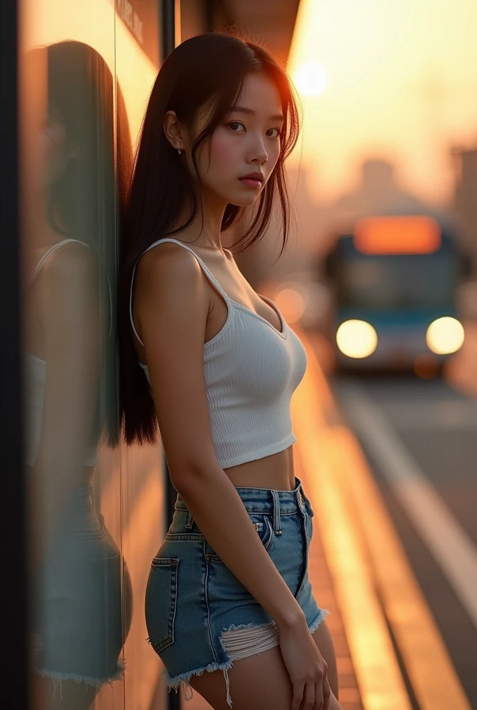 (RAW photo, 4k, realistic, exquisitely detailed skin), masterpiece, best quality, official art, unity 8k wallpaper, ultra detailed,(dark night), cinematic look,cowboy shot, natural skin texture, extremely realistic skin texture, finely detailed face,sunset,(film grain:1.2)(cinematic angle) 1girl, perfect figure body, large breast, narrow waist, ripped white t-shirt, torn, no bra, underboobs, ripped mini skirt, white converse sneakers, backpack, dynamic pose, ((sunset)), summer, excited, happy, 1990s \(style\), vivid illumination, masterful technique, harmonious composition, cinematic lighting, immersive atmosphere, exceptional detail, stunning visuals