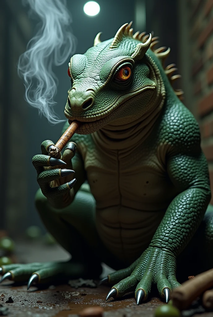 Generate a realistic image where a dark-skinned man had a child with a lizard, and this child was born with the body of a man and the head of a lizard. This kid is at home holding a metal straw in one hand and snorting coke (cocaine). He has a circle beard style goatee . Your body and hands are those of a man. The image needs to highlight the face, mãos e cocaine.
