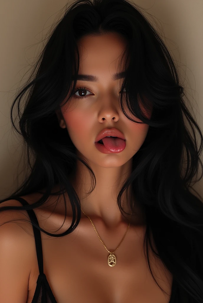 a close up of a woman with a big breast and a black top, cleavage, thick lips, portrait sophie mudd, sie boob, jaw-dropping beauty, sexy girl with dark complexion, thick red lips, large full lips, deep red lips, jaw dropping beauty, retouched in photoshop, 🤤 girl portrait, sexy face, sexy lips, asian female
