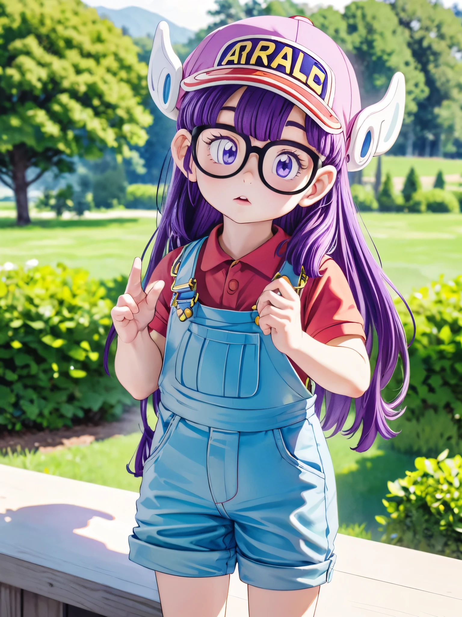 masterpiece, highest quality, Very detailed, 16k, Ultra-high resolution, Cowboy Shot, Detailed face, Perfect Fingers, One girl, Garden of the mansion, arale, glasses, blue eyes, long hair, purple hair, short sleeves, hat, cap, red shirt, blue overalls