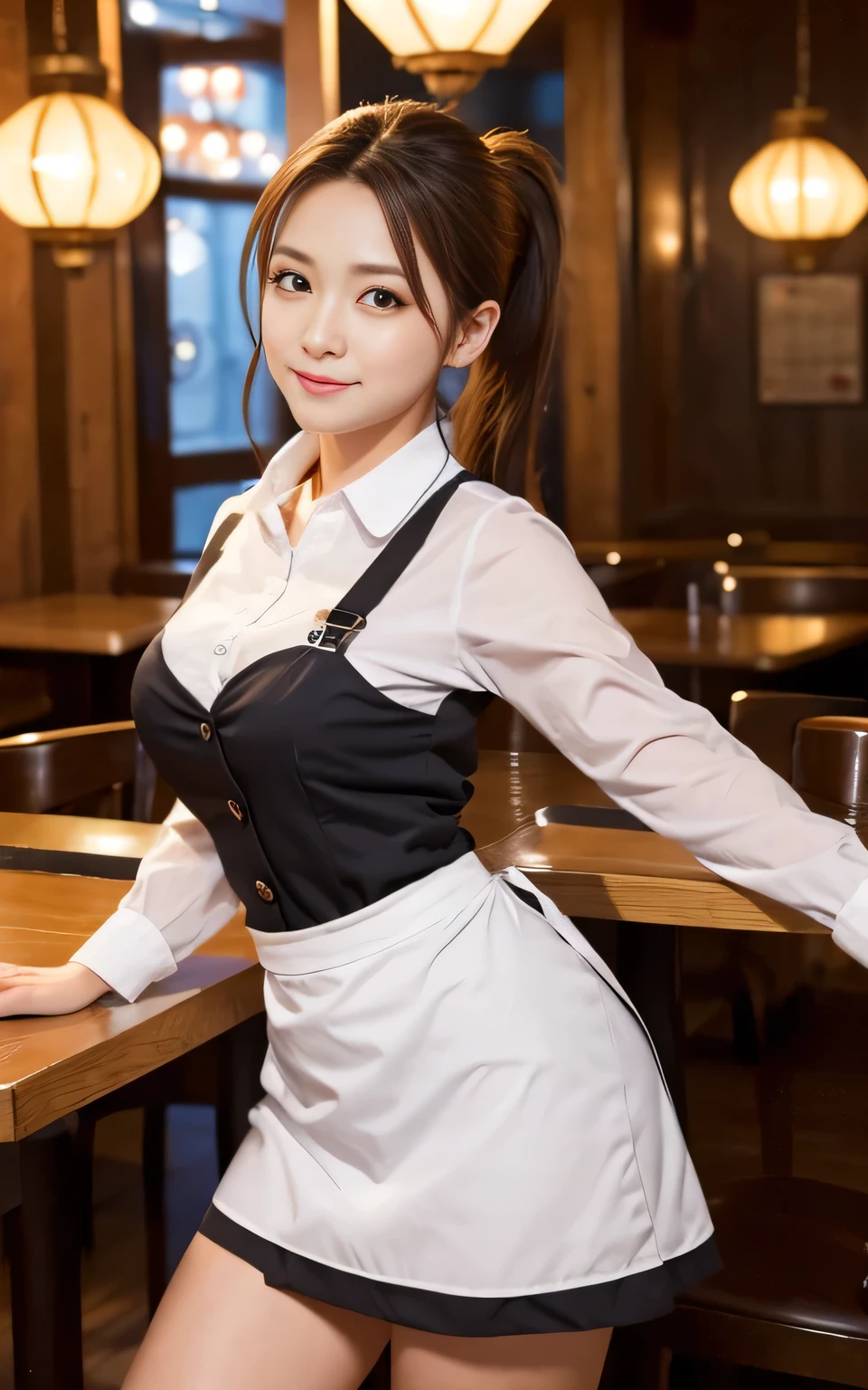 Highest quality、masterpiece、8K、Very detailed、Realistic、One person、Looking at me with a smile、whole body、Big Breasts、Erect nipples、Thin and beautiful legs、Tight and slim waist、A tight-fitting, sleeveless waitress uniform with buttons and a collar、Braid、Glasses