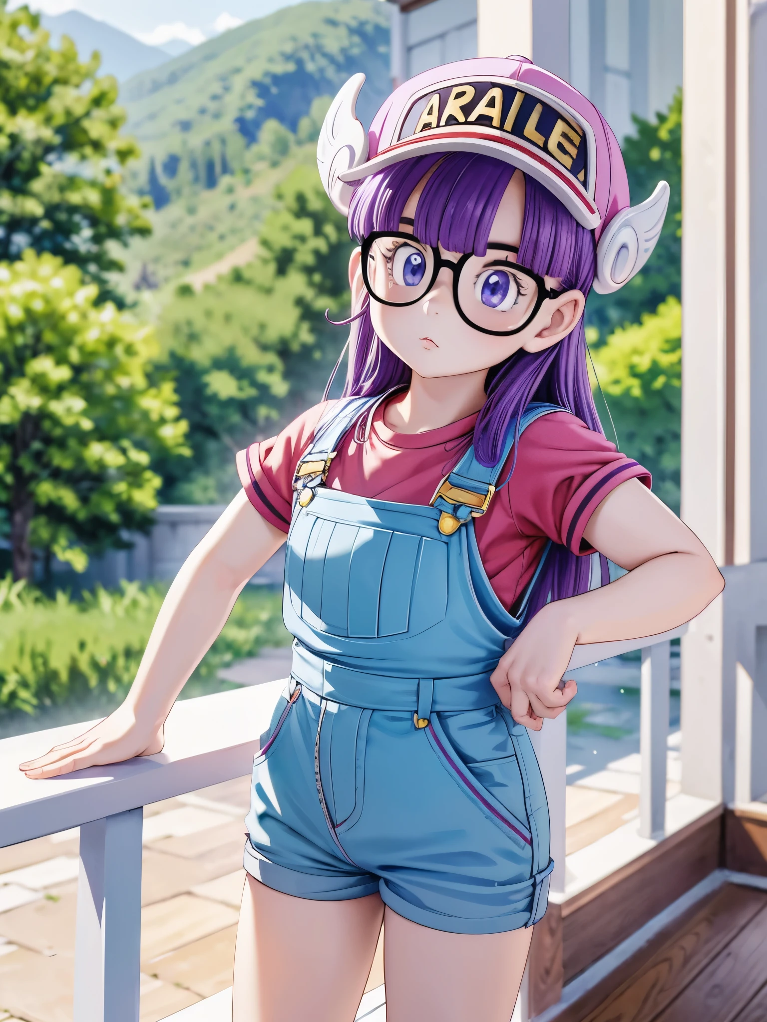 masterpiece, highest quality, Very detailed, 16k, Ultra-high resolution, Cowboy Shot, Detailed face, Perfect Fingers, One girl, Garden of the mansion, arale, glasses, blue eyes, long hair, purple hair, short sleeves, hat, cap, red shirt, blue overalls