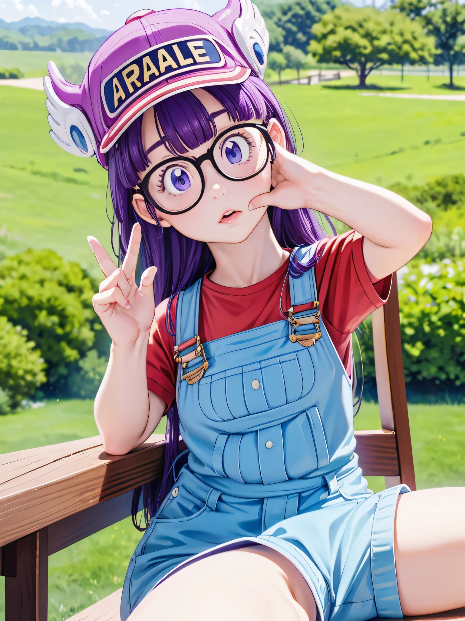 masterpiece, highest quality, Very detailed, 16k, Ultra-high resolution, Cowboy Shot, Detailed face, Perfect Fingers, One  girl, Garden of the mansion, arale, glasses, blue eyes, long hair, purple hair, short sleeves, hat, cap, red shirt, blue overalls