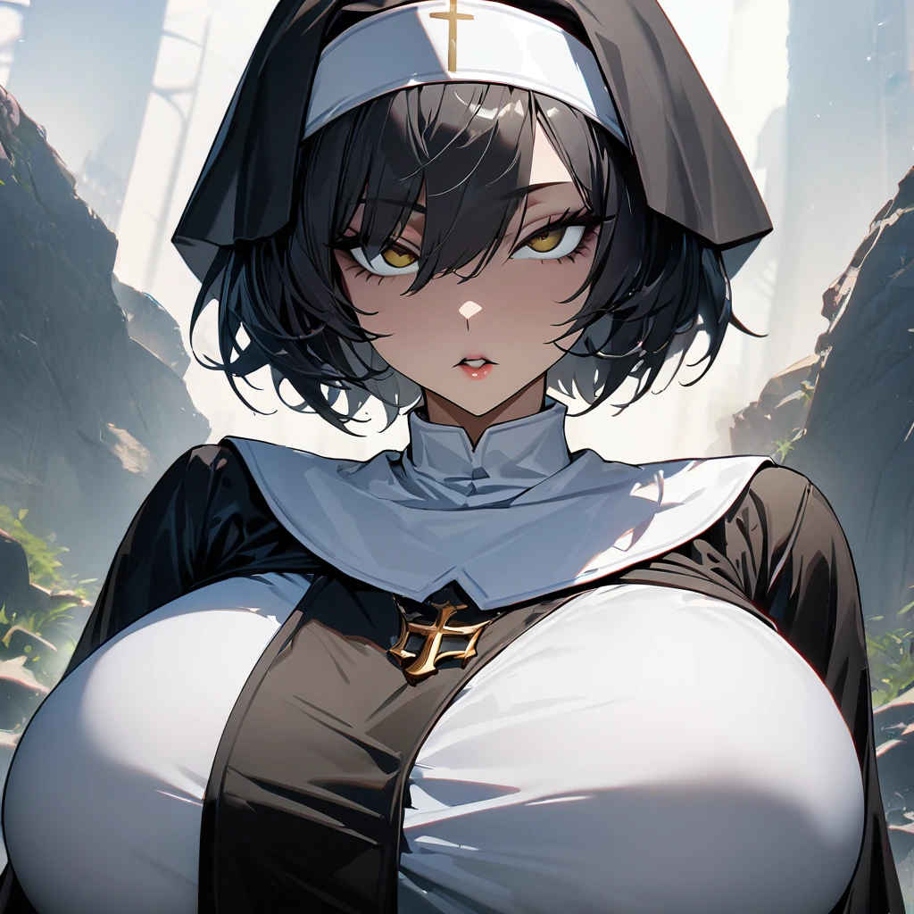 hot nun with big boobs standing on cliff near barrel and tree in dark, 1girl, breasts, solo, nipples, nude, pussy, curvy, dark-skinned female, dark skin, lips, nun, brown eyes, navel, shiny skin, outdoors, day, (best quality), (masterpiece:1.5)