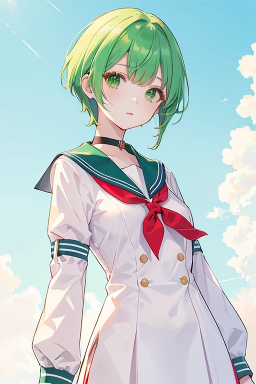 Sailor suit,Red collar,Open-chested clothing,Green Hair,Straight Hair,short hair,Small breasts,extra sleeves,Drooping eyes,Green Eyes,Mechanical Ear,Both hands at the mouth