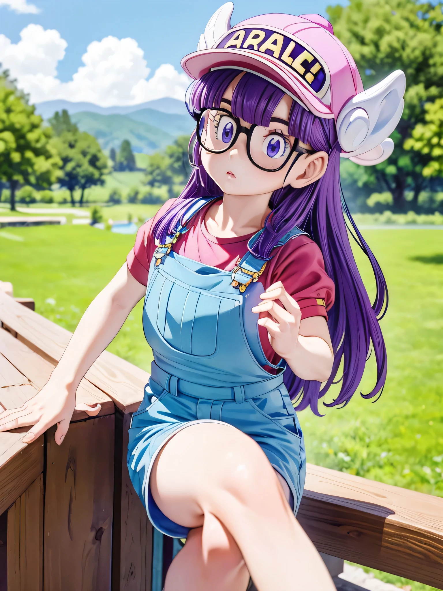 masterpiece, highest quality, Very detailed, 16k, Ultra-high resolution, Cowboy Shot, Detailed face, Perfect Fingers, One girl, Garden of the mansion, arale, glasses, blue eyes, long hair, purple hair, short sleeves, hat, cap, red shirt, blue overalls