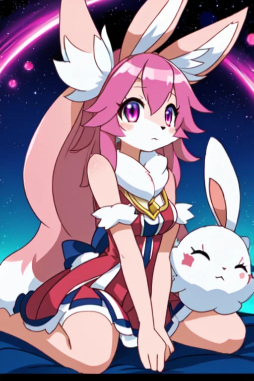 there is a woman dressed as a bunny and a dog, seraphine ahri kda, annie from league of legends, ahri from league of legends, cute fumo plush bunny girl, ultrarealistic sweet bunny girl, furry character, from league of legends, furry anime, the bunny has pink fur, cute fumo plush fox girl, very very beautiful furry art sara pokemon sun and moon fursuit disgaea style