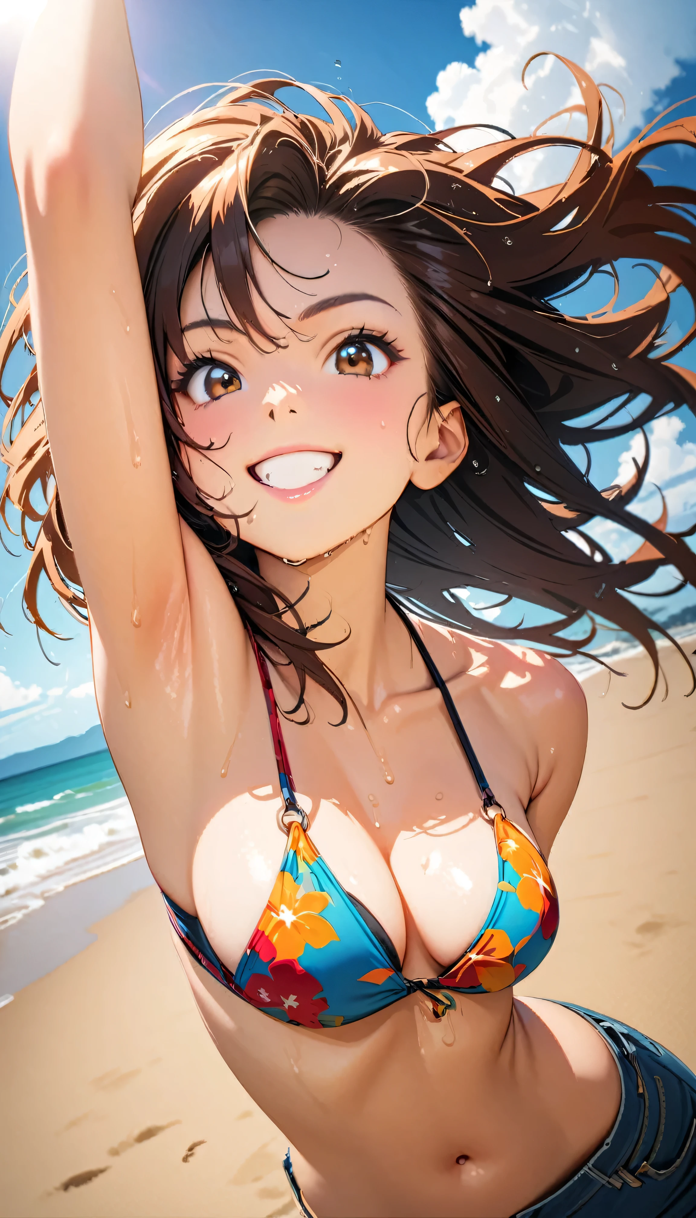 (Highest quality:1.2, Very detailed, Latest, Vibrant, masterpiece:1.2, Highest quality, Best aesthetics), smile, ((Face Up Shot:1.4)), 1980s style, 8K Ultra HD, Background Blur, smile, One Woman, Woman in bikini, Strong sunlight, Seaside, sunny, Summer sunshine, Wet Skin, Sandy Beach, Dynamic Angle, Get excited, Dynamic pose