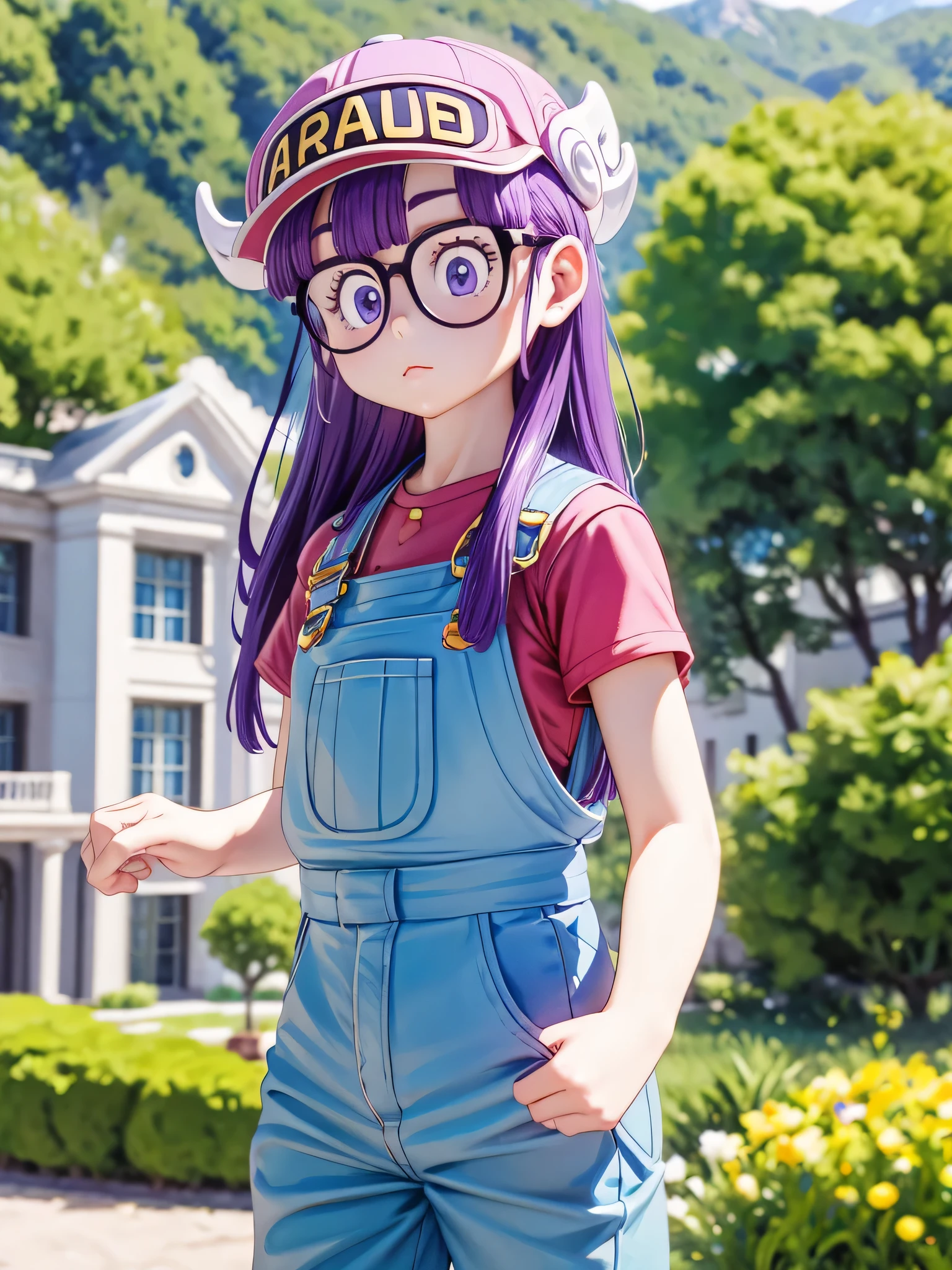 masterpiece, highest quality, Very detailed, 16k, Ultra-high resolution, Cowboy Shot, Detailed face, Perfect Fingers, One girl, Garden of the mansion, arale, glasses, blue eyes, long hair, purple hair, short sleeves, hat, cap, red shirt, blue overalls