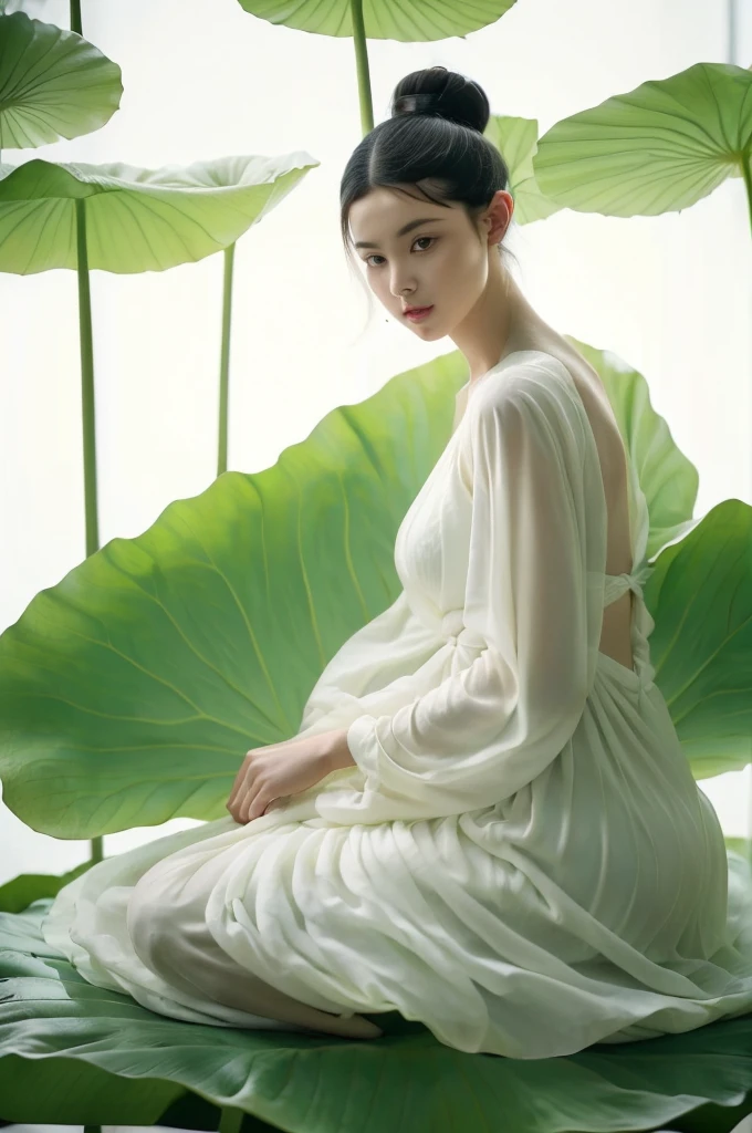 1 Girl，solo，Giant lotus leaf，Black Hair，dress，  
Looking at the audience，White dress，Hair Bun，Sitting，单Hair Bun，
Leaves，Long sleeve，lifelike，photography，Photorealism，