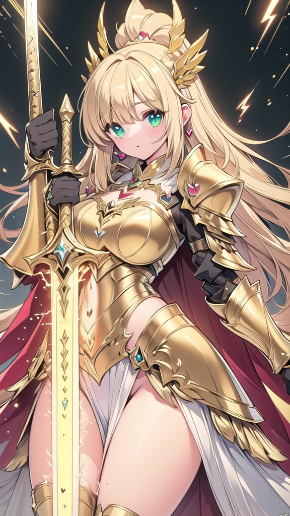 super realistic image, high quality uhd 8K, of (1 god girl, Hilyn), detailed realistic ((athletic body, high detailed)), ((tall model)), (skinny waist), ((beautiful bright blonde long hair)), ((no beard)), high detailed realistic skin, (((powerful and fantastic full armor, divine golden fantasy armor))), (((casting lightning magic spells with great golden fantasy sword))), ((white fur cape)), ((magical hearts of light)), (in guardian position, in the valhalla), real vivid colors, standing
