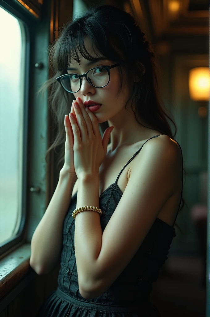 Copiar prompts
(Best quality, Ultra detailed, Golden ratio, Masterpiece:1.2), Theatrical lighting:0.7, Photo of a nude woman , in a very elegant and pretty , Perfect rare face, (Highly detailed skin), randomly dyed hair, Hide your mouth with your hands、Ridicule, skin texture, Pale skin, shiny skin, (thin, large size:1.2), [:(Sharp focus on rare face, perfect eyes:1.2):0.2], photorealistic, film grain, Put one foot forward、from below looking up、look at camera、big boobs、Emphasize the shoulders, the boobs、 Focus on face、Stockings、glasses、Smile with corners of mouth raised、disdainful expression, summer haze, muted colors, muted warm colors, Photo cinematic portrait of a woman dressed in a striped dress sitting by the window in the early morning, cinematic, (tilted:1.3) (on an old train) look cautious, standing under a spotlight, volumetric dust clouds, key light, backlight, soft natural lighting, photography Film grain ISO 400 30 mm lens RAW f1.8 aperture, highly detailed (analog photography:1), colors hdr