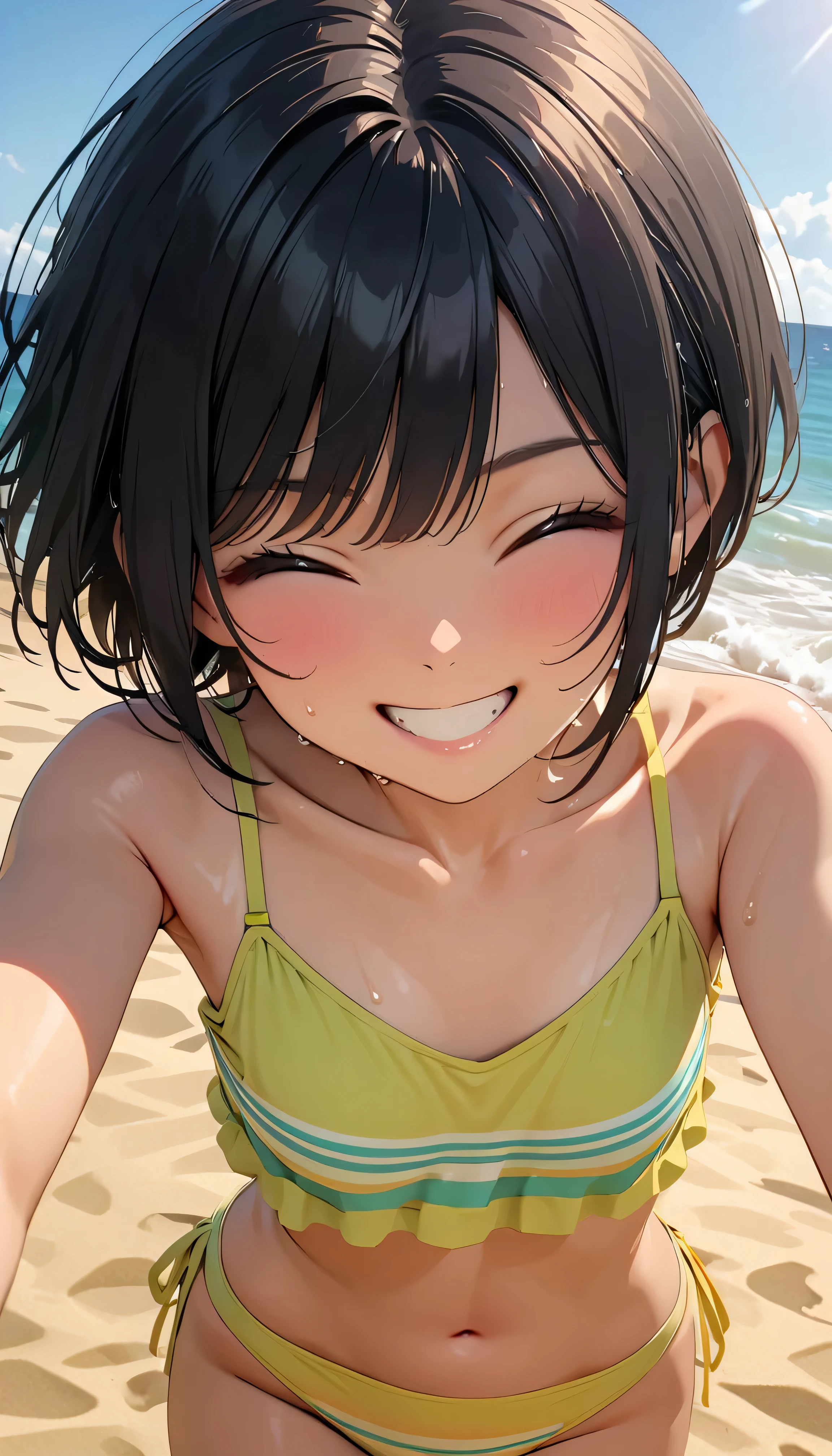 (Highest quality:1.2, Very detailed, Latest, Vibrant, masterpiece:1.2, Highest quality, Best aesthetics), smile, ((Face Up Shot:1.4)), 1980s style, 8K Ultra HD, Background Blur, smile, One Woman, Woman in bikini, Strong sunlight, Seaside, sunny, Summer sunshine, Wet Skin, Flat chest, Sandy Beach, Bobcut, low length, Dynamic Angle, very young, Get excited, Dynamic pose