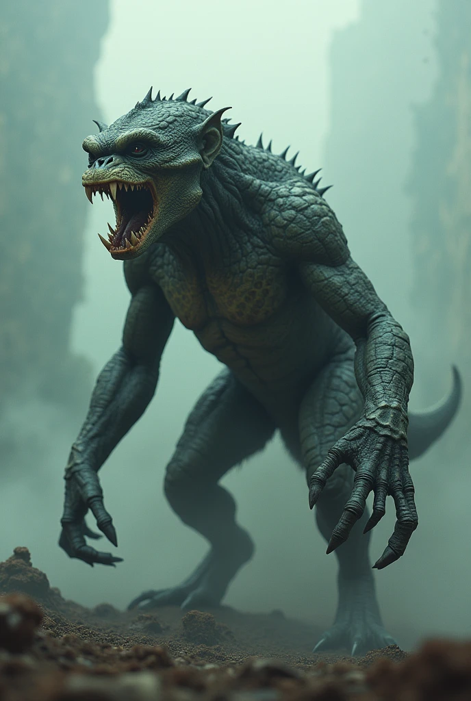 Create a men with face is like monkey and body like crocodile in the open space make some scary illusion