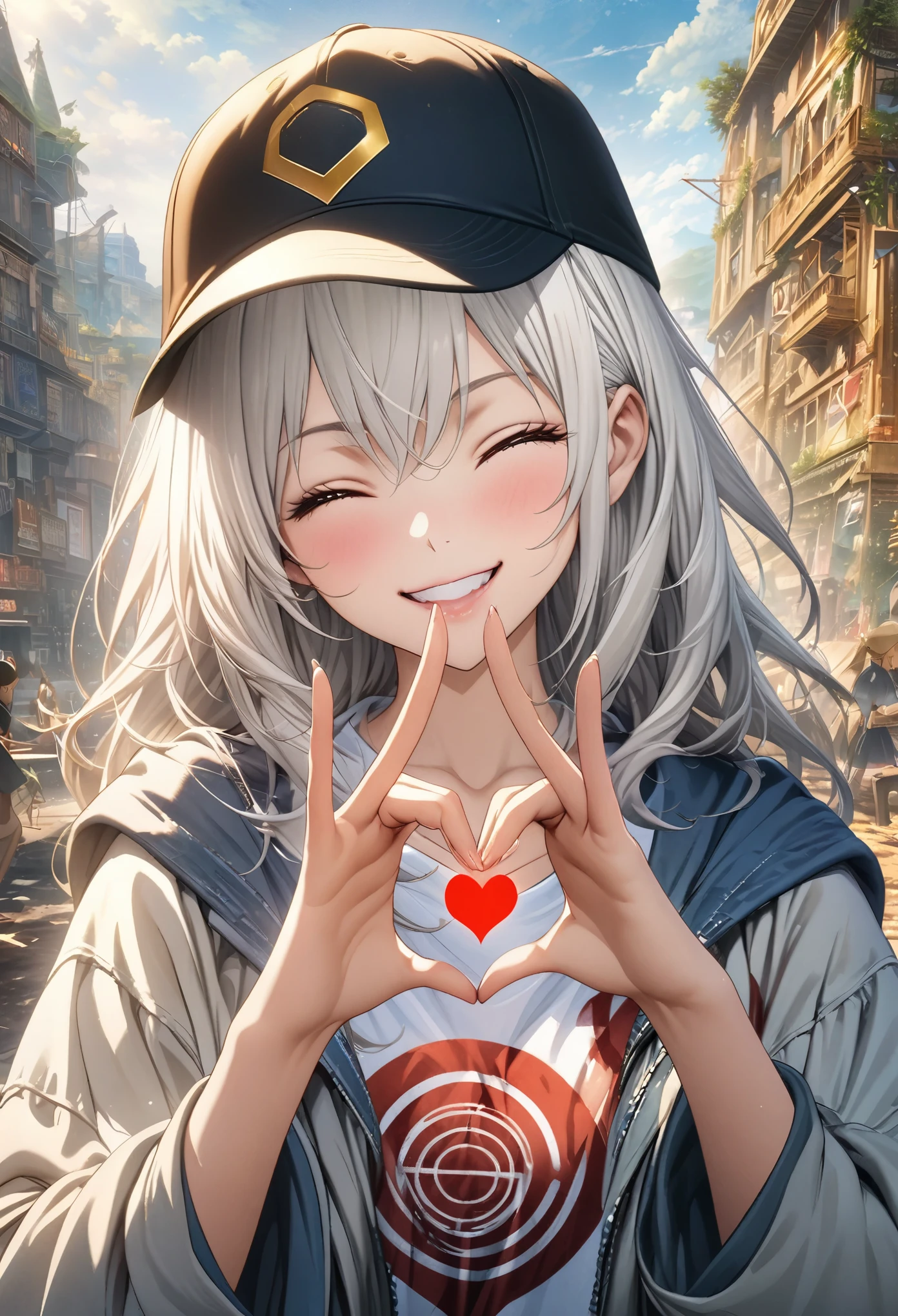 masterpiece, Highest quality, Highly detailed CG Unity 8K wallpapers, High School Girl Anime Illustration. Wear oversized clothing、making a heart with fingers, she has her eyes closed and mouth open, smile. Realistic Backgrounds, 3Dart, white hair color, Yellow Eyes, Anatomical Fingers, Golden Ratio, wear a baseball cap