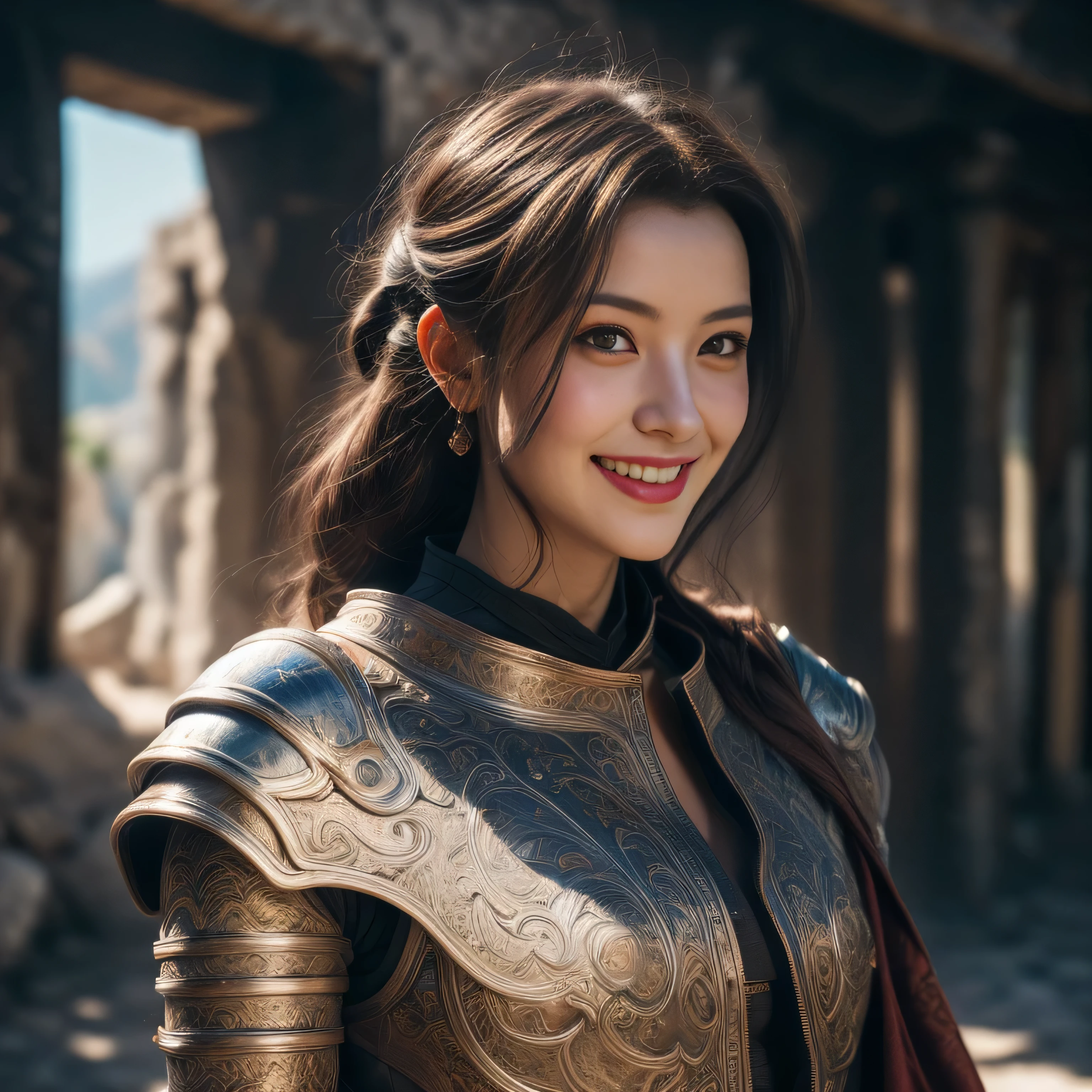 design, interrior, interriordesign saint_cloth, divine_armor Masterpiece, best quality, (highly detailed raw photo:1.3), 8k render in octane, volumetric lighting, volumetric shadows a portrait of a woman, (armor reflexions:1.4), smiling, cloak ((realistic highly detailed greece ruins background))
