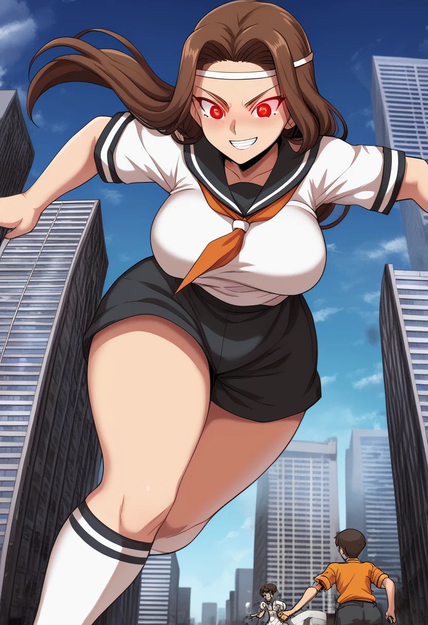 ultra-detailed, detailed face, detailed eyes, retro anime style, cartoon style, front view, from bottom, powerful shot, powerful effects, dynamic effects, dynamic shot, 

athletic curvy physique, inverted body type, attractive feminine curves, big breasts, curvy legs and arms, feminine curvy figure, (thick thighs, thick calves, thick voluptuous legs, big curvy hip, bare knees), ((style of plump voluptuous body)), 

black over-the-calf socks, navy track short, white sailor uniform, white short-sleeved sailor shirt,
brown long hair, red glowing eyes, 

1 beautiful giant boy, looking down with evil smile, (running with destroying buildings, sprinting between buildings, leaning forward, stepping forward, put one foot forward, put one knee forward, put one leg forward, chasing small people around her feet), rampage, destroying city, destroying buildings, corrupted buildings, running with rolling rubble dust up, crushing building with his hand, crushing one small man with his foot, scattered rubble around his steps, towering, overwhelming, terrible, 

building size, nathan,1boy, kurosaki makoto, long hair, red eyes, brown hair, headband, 