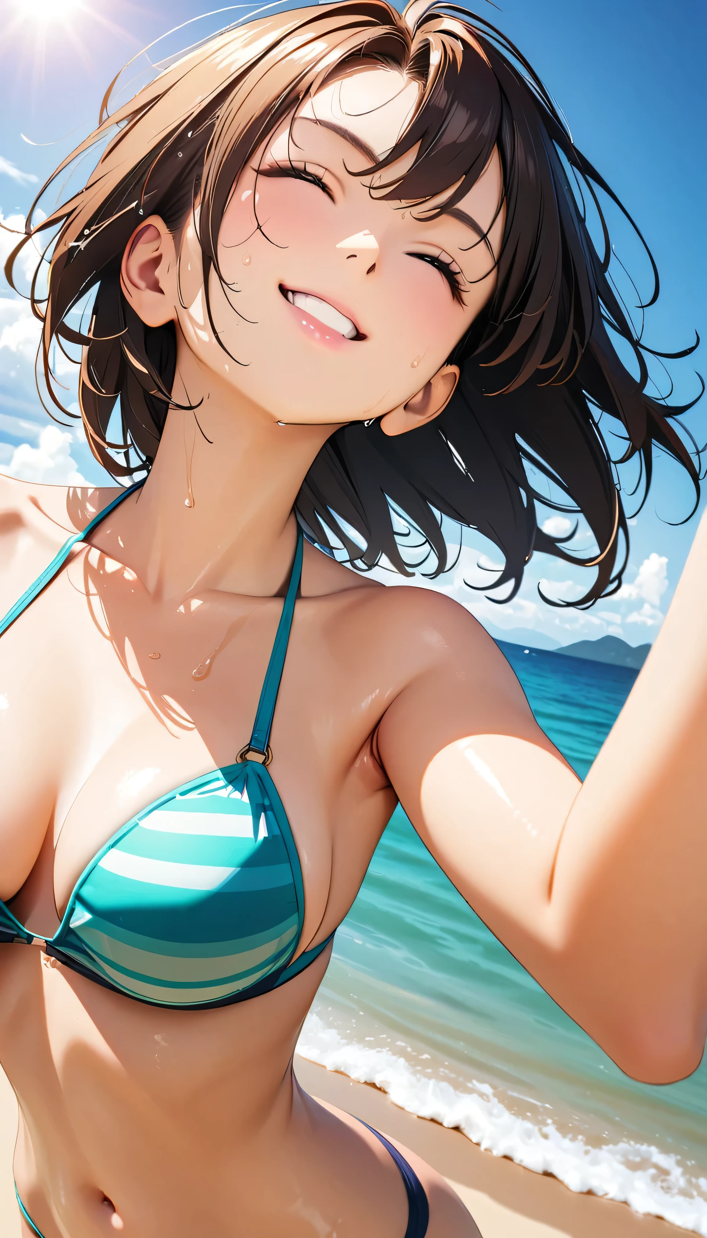 (Highest quality:1.2, Very detailed, Latest, Vibrant, masterpiece:1.2, Highest quality, Best aesthetics), smile, ((Face Up Shot:1.4)), 1980s style, 8K Ultra HD, Background Blur, smile, One Woman, Woman in bikini, Strong sunlight, Seaside, sunny, Summer sunshine, Wet Skin, Sandy Beach, Dynamic Angle, Get excited, Dynamic pose