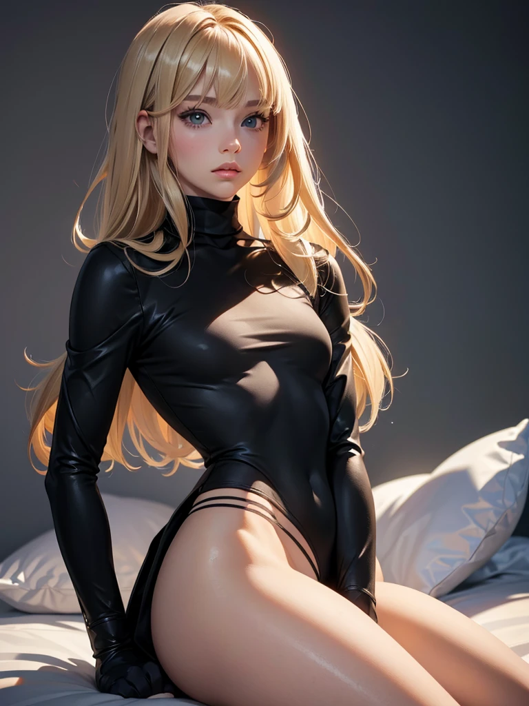 (best quality), 1girl, female, porcelain skin, blonde hair, straight hair, bangs, medium hair, swoopy tips, brown eyes, perfect eyes, black turtleneck, skinny body, petite, small bust, shy, masterpiece, anatomically correct, highres
