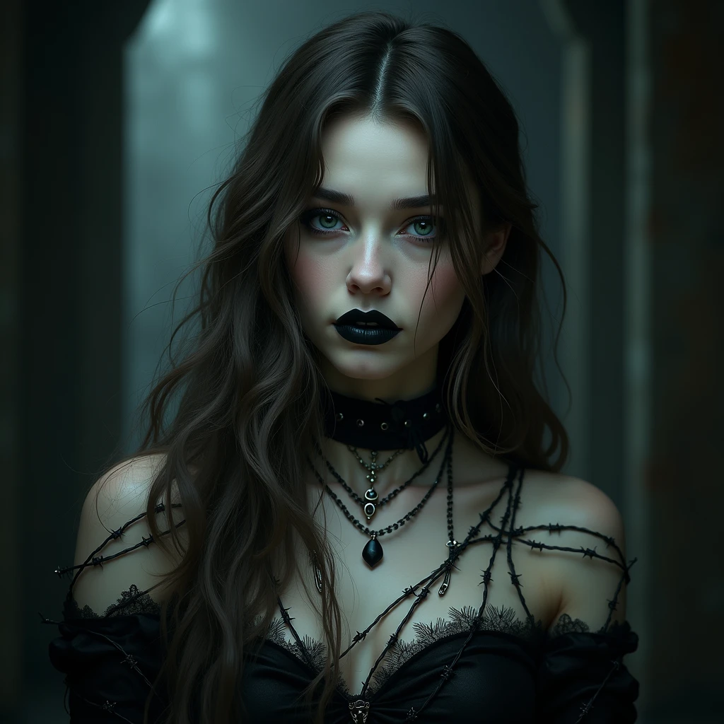 (photorealism:1.2), airbrushed dream paiting style, beautiful European girl, , like a dream, dark eyes, very long straight ironed light brown hair combed back, leather jacket, black dress, rain, haunted forest, night, grave