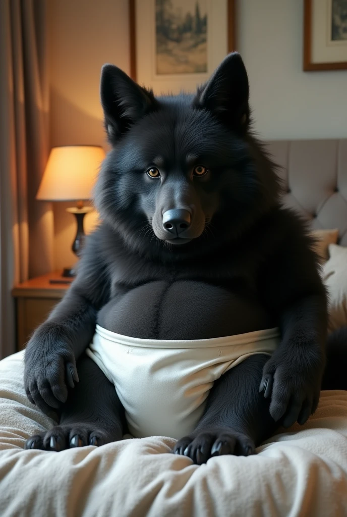 Black Akita male puppy with swollen abdomen due to parasites in position with back against the floor and looking up