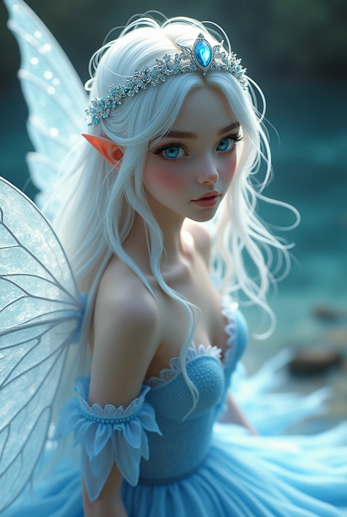 “Create an extreme close-up portrait of a Sylphid Fairy with a strong emphasis on the face. The fairy should have silver or white hair and eyes that convey a clear, airy look. The wings should be very small and subtly visible, ensuring they do not dominate the image. The background should be heavily blurred to keep the focus on the fairy's facial features. Capture a vibrant, playful expression with the face in sharp, prominent detail.”
