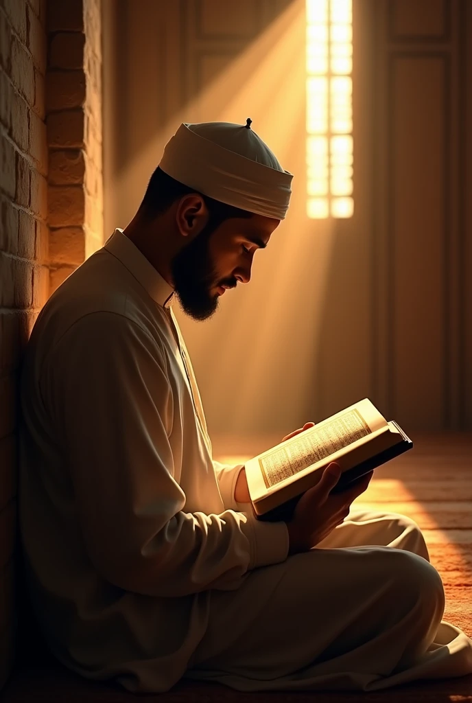 A Muslim sits with the Quran in his hands, Reading with devotion in a peaceful room, The rays of light illuminate the Quran.