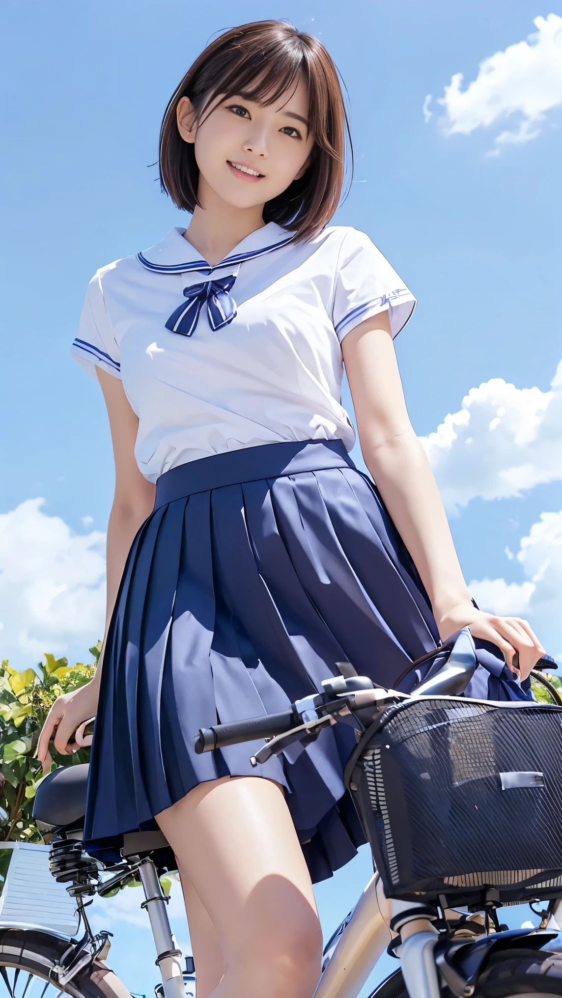 (Straddling the bicycle saddle、Japanese high school girl waiting at a traffic light)、Short sleeve white shirt、Hands on the wheel、Her bra is visible from the cuffs of her short sleeves、Checkered pleated skirt、Dark brown bob hair、Medium Hair、Straight hair、smile、Stretching his legs out on the curb、Her long, slender legs are beautiful、Well-proportioned physique,、Wear loafers、A gentle breeze blows and flips my skirt、((I can see your cotton panties.))、Back view at the intersection、(((Angle from below)))、Beautiful blue sky and white clouds、(Highest quality, masterpiece, High resolution)、8k、wallpaper、Her short skirt is rolled up, exposing her panties