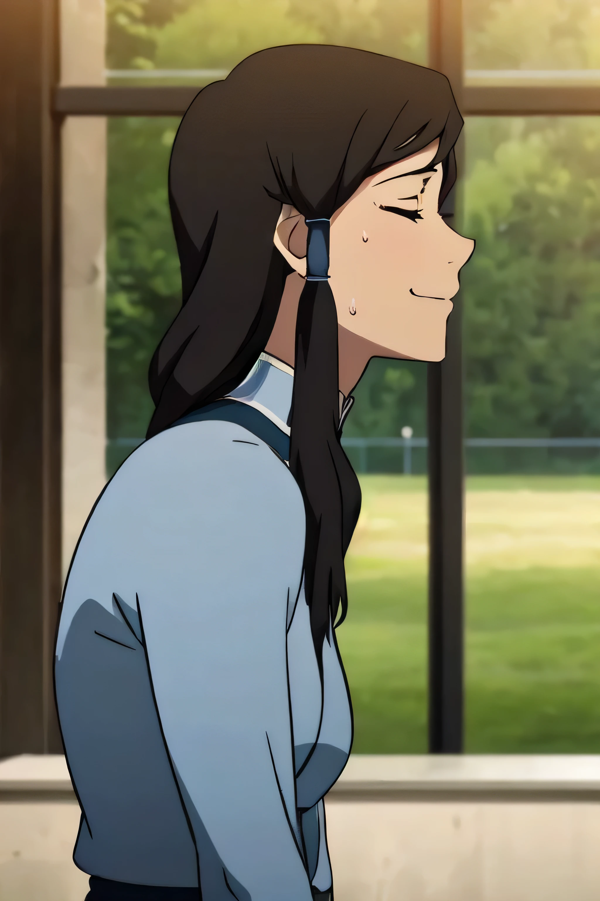 Korra,1girl, solo, upper body, side view, viewed from side, smile, sensual expression,eyes closed,leaning forwards,leaned forwards,sweaty