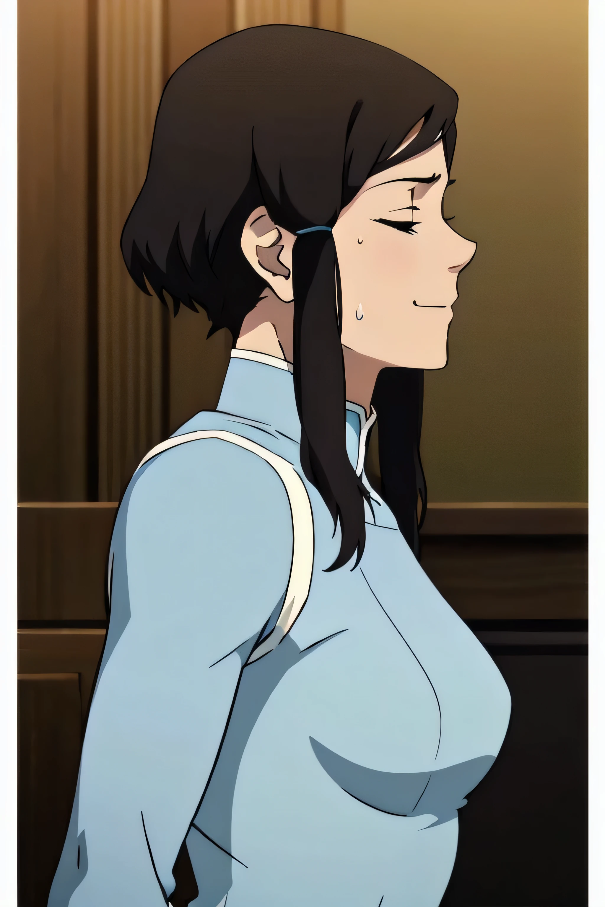 Korra,1girl, solo, upper body, side view, viewed from side, smile, sensual expression,eyes closed,leaning forwards,leaned forwards,sweaty