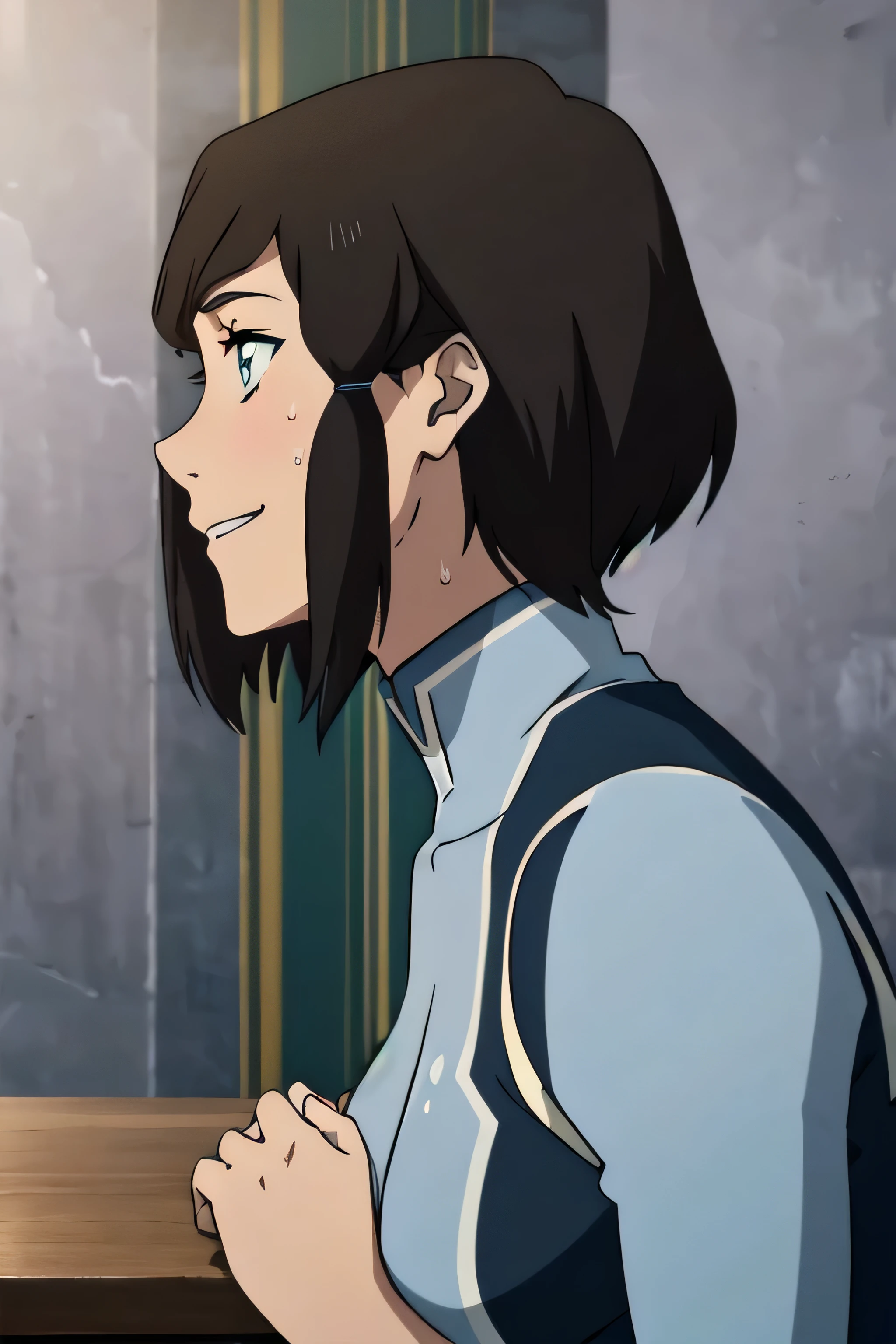 Korra,1girl, solo, upper body, side view, viewed from side, smile, sensual expression,eyes closed,leaning forwards,leaned forwards,sweaty